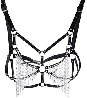Faux Leather Harness Bra, New Handmade Chain Tassel Top for Women