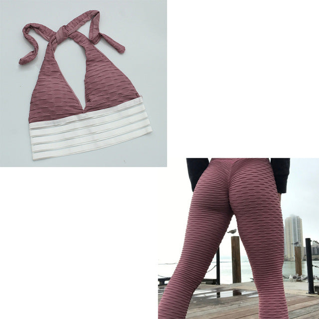 CHRLEISURE 2PCS/Set Legging Women Sportwear Solid Stripe Seamless Pants Gym Fitness Workout High Waist Leggins Sets