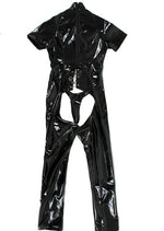 Adult Black Spandex Zentai Suit Lace Up & Zipper Open Crotch Crotchless Sexy Latex Bodysuit