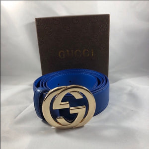 Men's Blue Guccissima / White  Leather Belt with Interlocking G Buckle