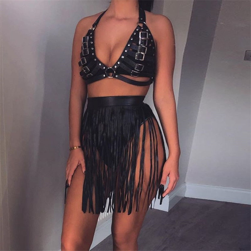 Women Punk Two Piece Skirt Sets PU Faux Leather Harness Bra Top and Tassel Mini Skirt Night Clubwear Perfomance Matching Outfits