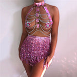 Sequins Belly Dance Tassel Skirt Two Piece Set Women Laser Pink Body Leather Bondage Harness Metal Chain Bra Matching Outfits