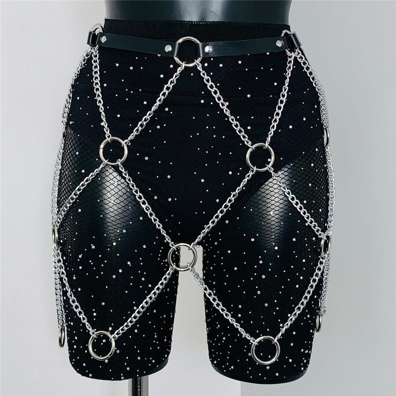 Black PU Mini Skirt Gothic Faux Leather Harness Belt Women Link Chain Metal O Rings Waist Belt Rave Party Nigh Club Waistband