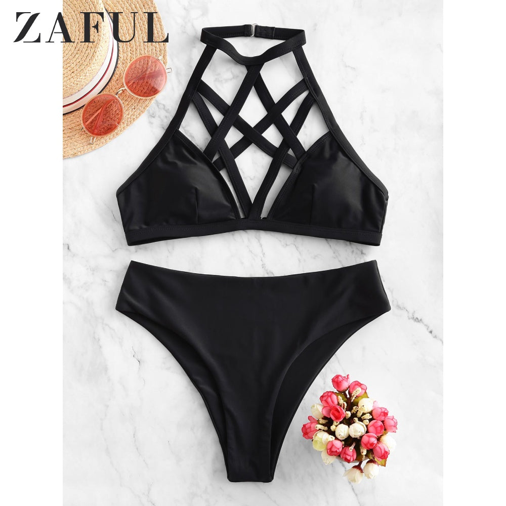 ZAFUL Harness Halter High Leg Bikini Swimwear Set Solid Color Cutout Vest Split Bikini Halloween Caged Two Pieces Black Swimsuit