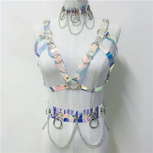 Handcrafted Goth Holographic PVC Choker Laser Crop Top Link Chain Waist Belt Sexy Rave Festival Outfits Harness Belt 3 Piece Set